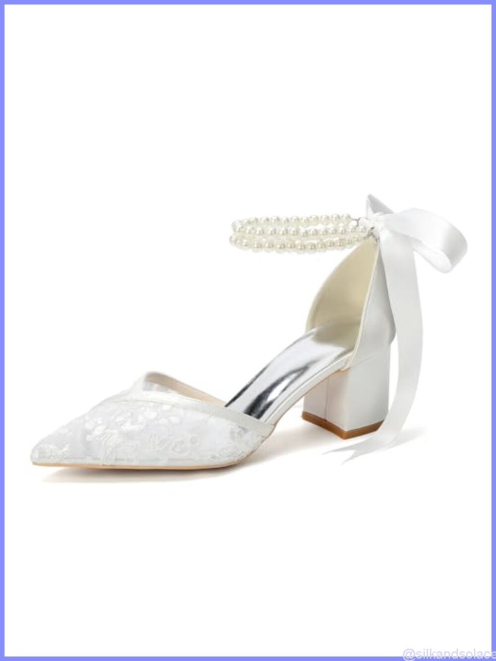 Lace Block Heel Wedding Pumps Pointed Toe Pearl Ankle Strap Bridal Shoes